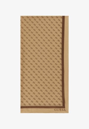 Sciarpa marrone a fantasia realizzata in tessuto morbido, con un motivo a diamante e dettagli con logo, bordata da un bordo di un marrone più scuro.