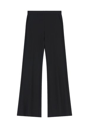 Pantaloni neri a gamba larga con tasche laterali e vita alta, mostrati distesi su uno sfondo bianco.