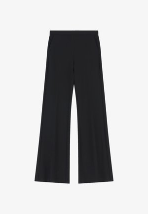 Pantaloni neri a gamba larga con tasche laterali e vita alta, mostrati distesi su uno sfondo bianco.