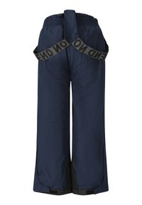 Vandtætte navy-snebukser med elastisk talje og justerbare stropper. Har sorte accenter og tapered ben med lynlås.