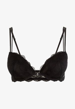 Svart blonde-bh med polstrede kopper, blomsterdesign, justerbare stropper, og bølgete kanter. Har en klipslukking bak.