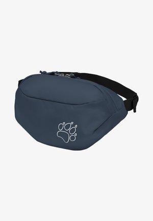 Sac banane bleu marine avec sangle noire réglable et logo d'empreinte de patte blanche sur la poche avant, fermeture éclair sur le dessus.