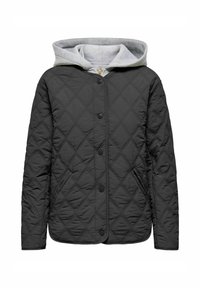 Veste noire matelassée avec capuche grise, fermeture à bouton sur le devant, texture à motif losange et poches latérales. Matière douce et légère.