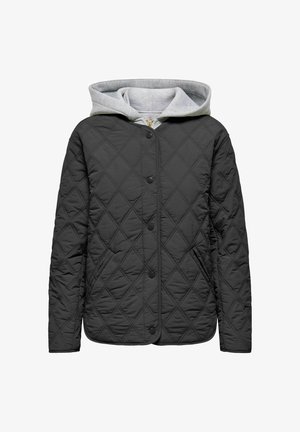 Veste noire matelassée avec capuche grise, fermeture à bouton sur le devant, texture à motif losange et poches latérales. Matière douce et légère.