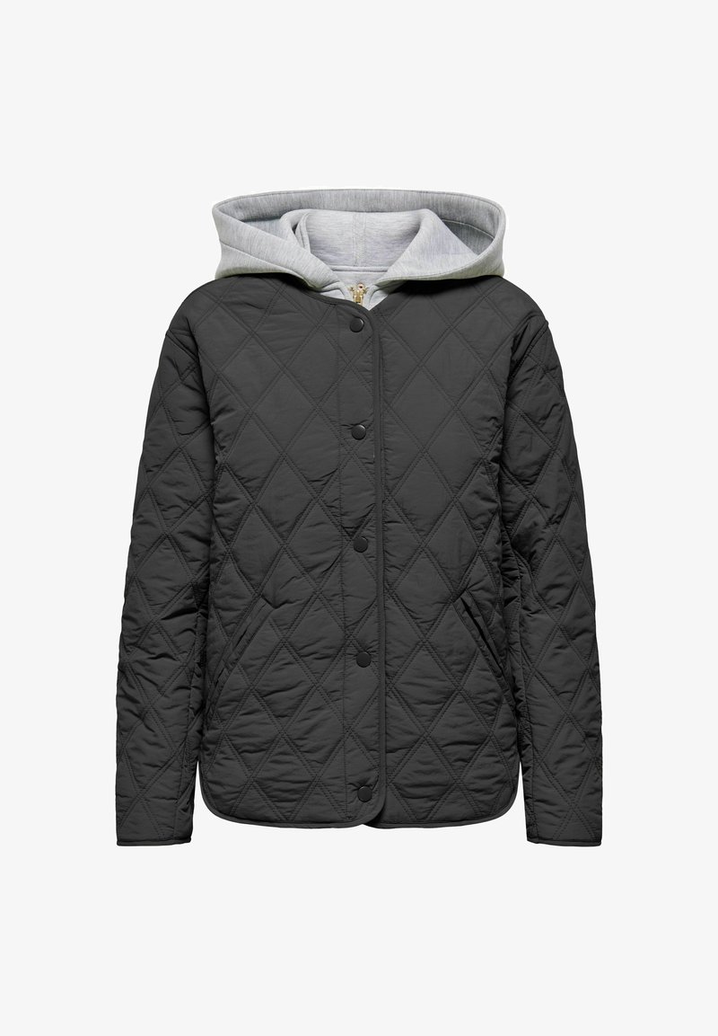 Veste noire matelassée avec capuche grise, fermeture à bouton sur le devant, texture à motif losange et poches latérales. Matière douce et légère.