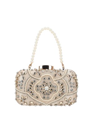 Rechthoekige beige clutch met parelhandvat, versierd met heldere en gouden edelstenen in bloemige en geometrische patronen.