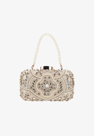 Rechthoekige beige clutch met parelhandvat, versierd met heldere en gouden edelstenen in bloemige en geometrische patronen.