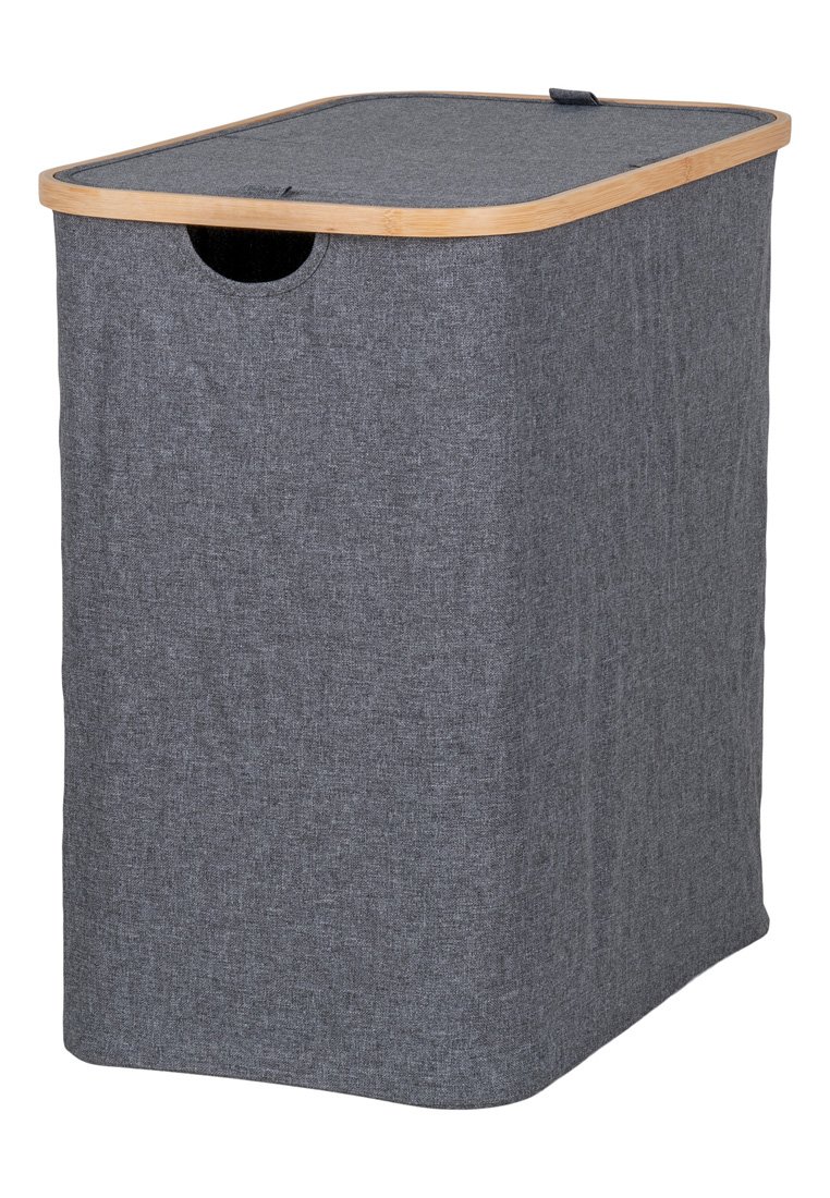 Bac de rangement en tissu gris avec un dessus en bois et une poignée découpée. Forme rectangulaire, texture douce et sans motifs ni quincaillerie visibles.