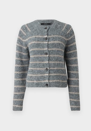 Cardigan a righe in misto lana grigio e beige, con scollo rotondo, cinque bottoni e un motivo di maglia texturizzato. Maniche lunghe.