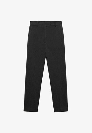 Dunkelgraue, maßgeschneiderte Hosen mit Gürtelschlaufen, flachem Bund und geradem Schnitt, flach auf einem weißen Hintergrund ausgelegt.