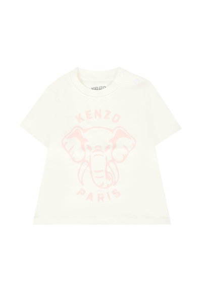 T-shirt per neonati bianca a maniche corte con grafica di un elefante rosa e testo "KENZO PARIS", dotata di bottoni a pressione sulla spalla.