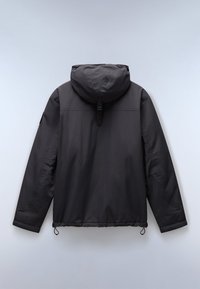 Veste noire à capuche avec manches longues, cordons ajustables à l'ourlet et un détail en boucle à l'arrière, vue de dos sur un fond gris.