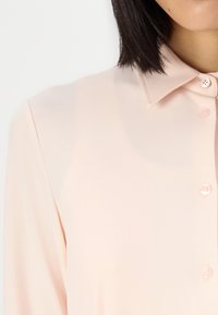 Heledad roosa pluus, millel on terav krae, pikad varrukad ja nupuga esikinnis. Kangas on sileda tekstuuriga ja nõrk sära.