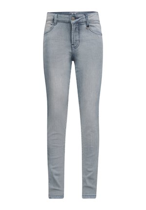 Jeans skinny bleu clair en denim avec un léger délavage, dotés d'une fermeture à bouton, d'un design à cinq poches et de passants de ceinture.