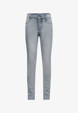 Jasnoniebieskie wąskie dżinsy wykonane z denimu z delikatnym efektem blaknięcia, z zapięciem na guzik, pięcioma kieszeniami i szlufkami na pasek.