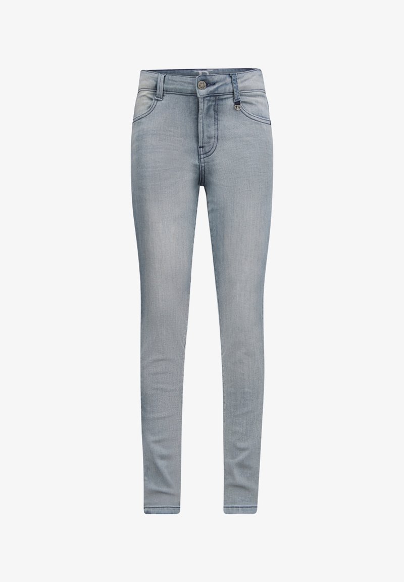 Jeans skinny azzurri chiari realizzati in denim con lievi sbiadimenti, dotati di chiusura con bottone, design a cinque tasche e passanti per cintura.