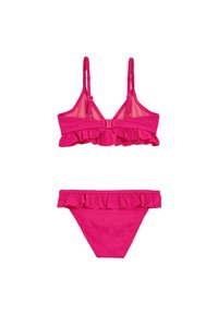 Set bikini rosa composto da un top arricciato con spalline regolabili e un coordinato bottom arricciato, entrambi realizzati in tessuto testurizzato con motivi floreali.