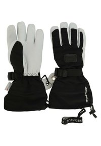 Czarne i szare rękawice z wodoodpornym wykończeniem, elastycznym nadgarstkiem oraz regulowanymi paskami. Posiadają teksturowany uchwyt i naszywkę z logo na mankiecie.