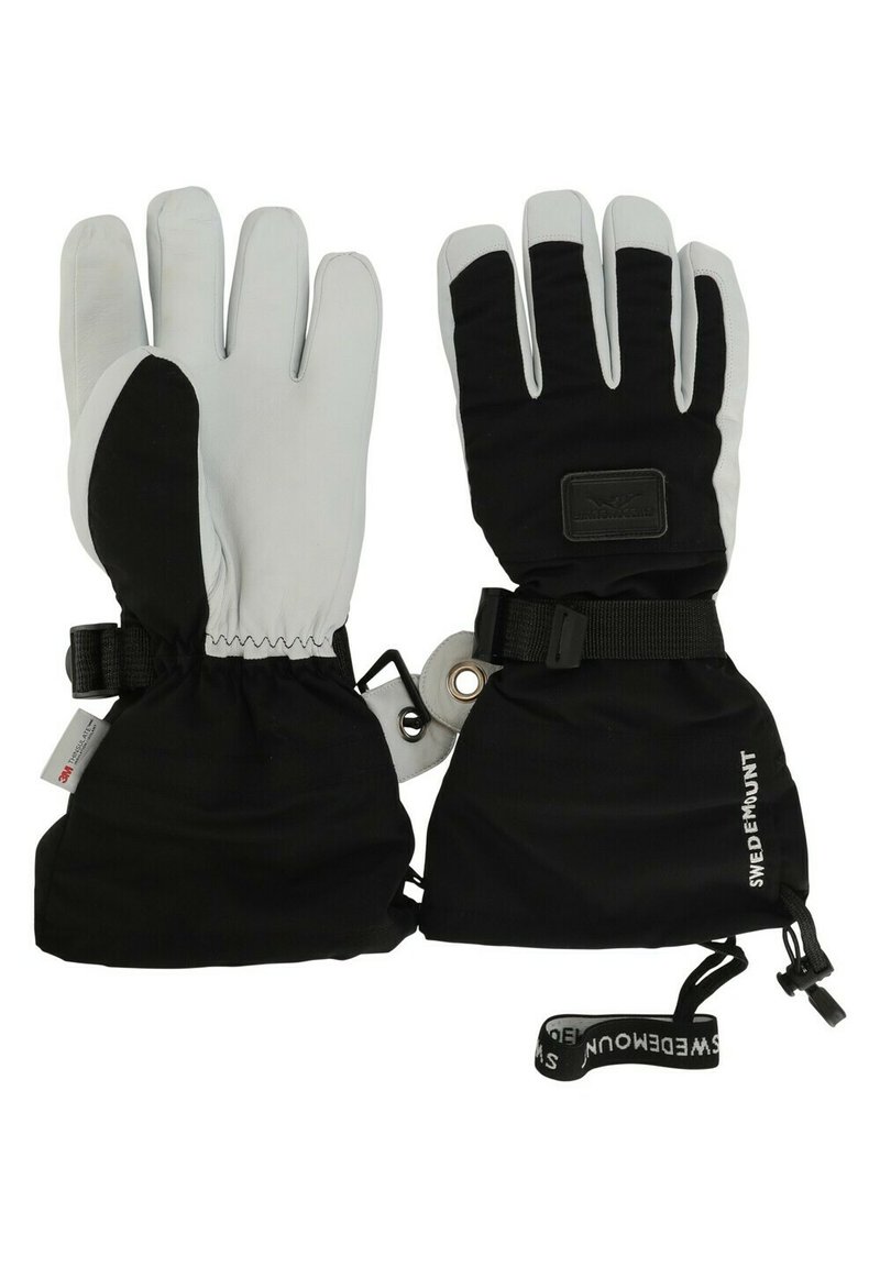 Czarne i szare rękawice z wodoodpornym wykończeniem, elastycznym nadgarstkiem oraz regulowanymi paskami. Posiadają teksturowany uchwyt i naszywkę z logo na mankiecie.