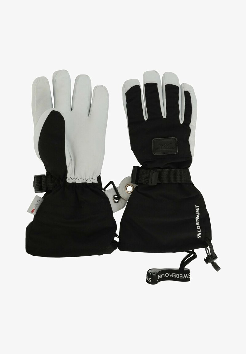 Czarne i szare rękawice z wodoodpornym wykończeniem, elastycznym nadgarstkiem oraz regulowanymi paskami. Posiadają teksturowany uchwyt i naszywkę z logo na mankiecie.