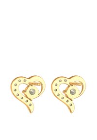 Guldtonede øreringe i hjerteform med et snoet design, der har stud-accenter og en central cirkulær detalje. Glat metallisk overflade.