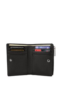 Portefeuille en cuir noir avec une finition texturée, comprenant plusieurs emplacements pour cartes et un compartiment zippé pour des pièces de monnaie ou des billets.