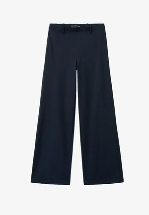 Pantalon bleu marine à jambes larges avec passants pour ceinture, devant plat, et ourlets légèrement évasés.