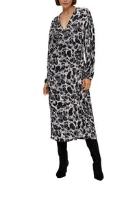 Langärmliges Kleid mit einem Schwarz-Grau-Leopardenmuster. Es hat einen tiefen V-Ausschnitt und eine fließende Silhouette, gefertigt aus weichem Stoff.