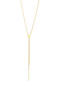 Halskette in Goldfarbe mit feiner Kette, die einen kreisförmigen Anhänger und ein langes, schlankes Tropfendesign mit zwei hängenden Stangen aufweist.