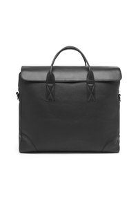 Borsa a tracolla nera in pelle con chiusura a pattina, due manici superiori e angoli accentuati. Presenta una texture liscia e un branding sottile.