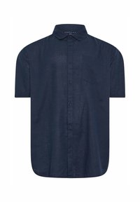 Chemise bleu marine à manches courtes avec boutons, col et une poche poitrine unique.