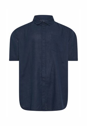 Granatowa koszula z krótkim rękawem zapinana na guziki z kołnierzykiem i pojedynczą kieszenią na piersi.
