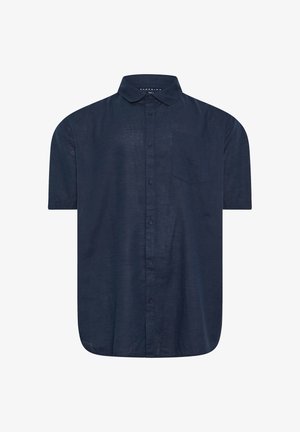 Granatowa koszula z krótkim rękawem zapinana na guziki z kołnierzykiem i pojedynczą kieszenią na piersi.