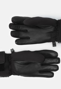 Schwarze Lederhandschuhe mit glatter Textur und gesteppten Details. Mit elastischen Bündchen, einem Klettverschluss und einem verstärkten Daumen.