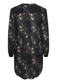 Abito nero e khaki con motivo astratto, maniche lunghe, orlo arrotondato e tessuto testurizzato. Presenta un dettaglio di piega sul retro.