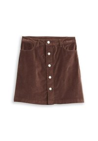Bruine corduroy rok met een knoopsluiting aan de voorkant, vijf zakken en een uitlopende zoom. Zachte textuur, middellange uitstraling.