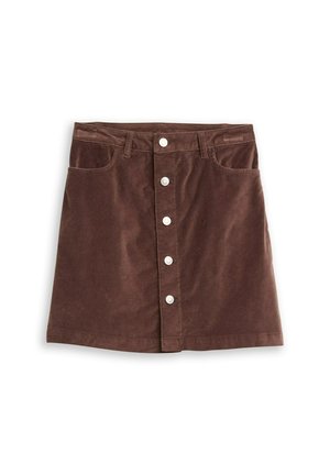 Bruine corduroy rok met een knoopsluiting aan de voorkant, vijf zakken en een uitlopende zoom. Zachte textuur, middellange uitstraling.