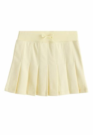 Pale yellow pleated skirt with wide elastic waistband and small tied bow at center front, displayed on white background.