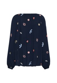 Blouse marine à manches longues, col élastiqué. Présente des broderies colorées de fleurs et d'oiseaux en rose, bleu et jaune sur un tissu texturé.