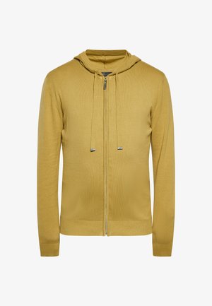 Gele hoodie met ritssluiting, gemaakt van zacht breiwerk. Heeft een trekkoordkap, lange mouwen en een gestructureerde afwerking.