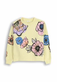 Bawełniany sweatshirt w jasnym żółtym kolorze z nadrukiem kwiatowym w odcieniach różu, niebieskiego i czarnego. Posiada okrągły dekolt oraz ściągacze przy rękawach i u dołu.