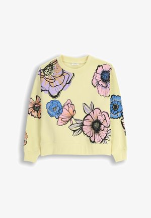 Bawełniany sweatshirt w jasnym żółtym kolorze z nadrukiem kwiatowym w odcieniach różu, niebieskiego i czarnego. Posiada okrągły dekolt oraz ściągacze przy rękawach i u dołu.