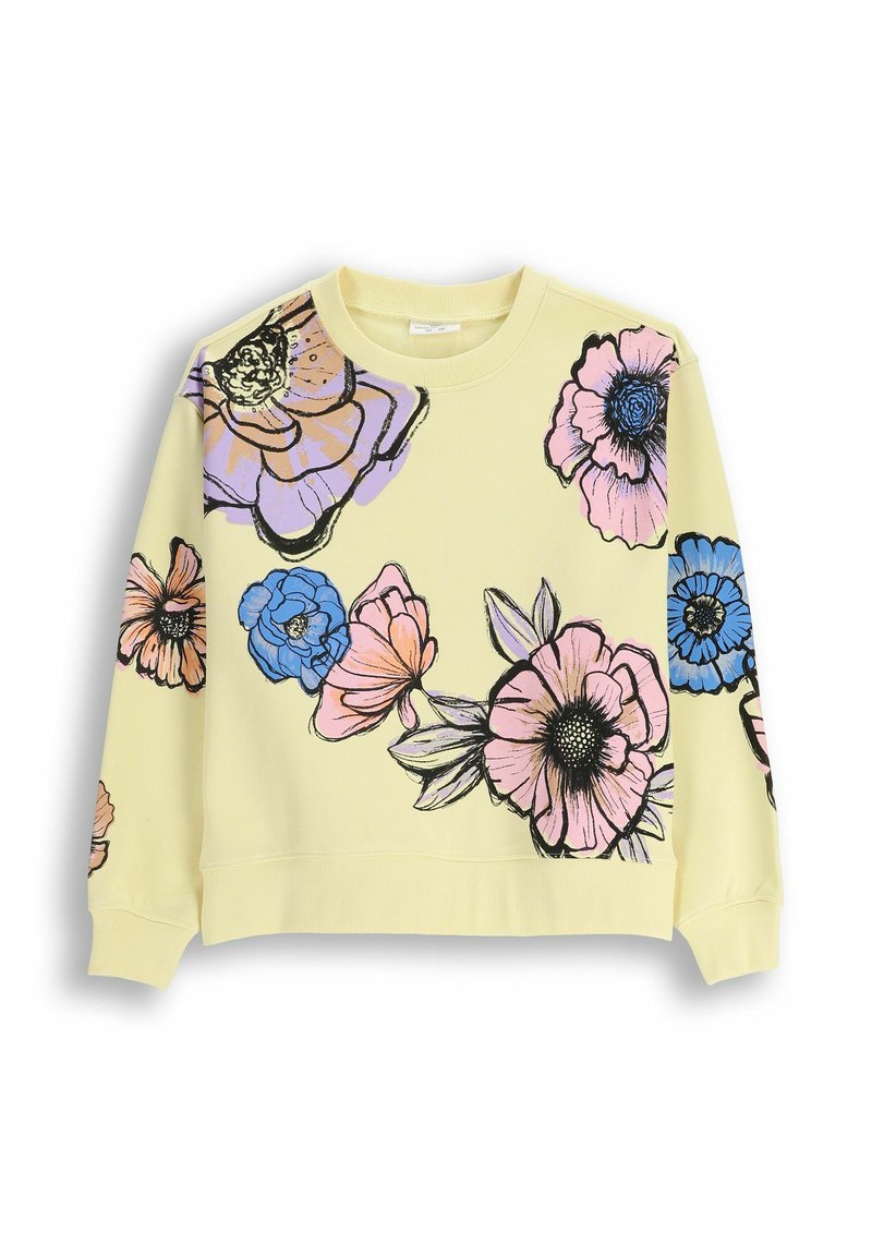 Bawełniany sweatshirt w jasnym żółtym kolorze z nadrukiem kwiatowym w odcieniach różu, niebieskiego i czarnego. Posiada okrągły dekolt oraz ściągacze przy rękawach i u dołu.