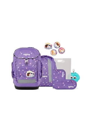Purple school backpack set with polka dots, horse-themed patches, pencil case, and blue furry keychain with googly eyes.