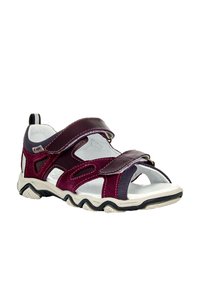 Fialové zamšové a síťované sandály s dvěma nastavitelnými suchými zipy, vykrojeným designem a texturovanou bílou a černou gumovou podrážkou.