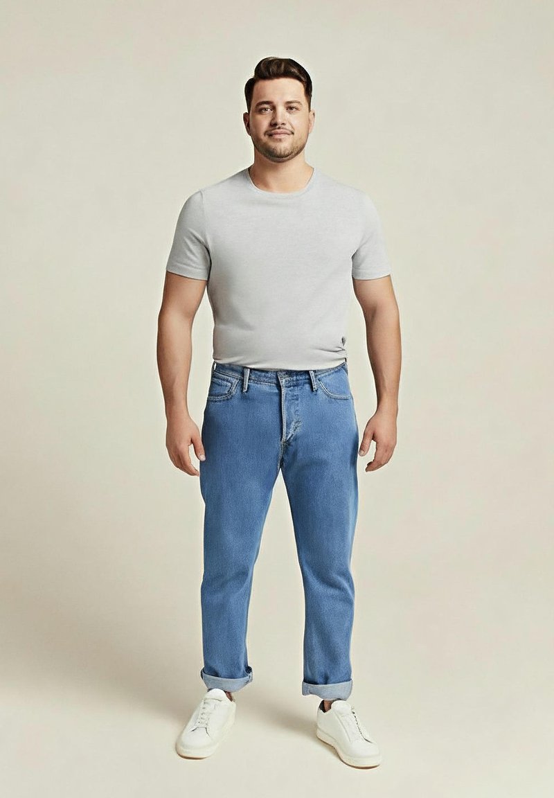 Mężczyzna stojący w jasnoszarej koszulce z krótkim rękawem, niebieskich dżinsach podwiniętych na wysokość kostek i białych trampkach na jednolitym beżowym tle.