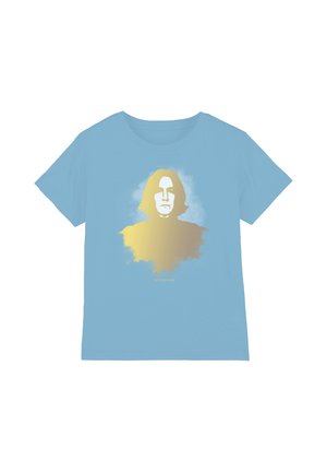 Light blue t-shirt with a gold and white artistic portrait of a person with shoulder-length hair centered on the front.