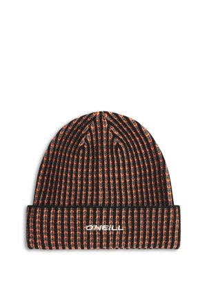 Black and dark gray knit beanie with orange accents, folded brim embroidered with "O'NEILL" in white letters.