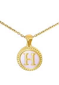 Złoty naszyjnik z wisiorkiem w kształcie okrągłego medalu, na gładkiej powierzchni którego znajduje się wypukła litera "H", otoczona koralikowym brzegiem. Łańcuszek jest delikatny.