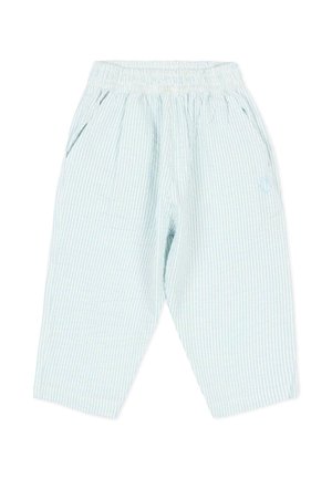 Lichtblauwe en witte gestreepte losse broek met elastische tailleband en zijzakken, ontworpen voor comfort en casual dragen.